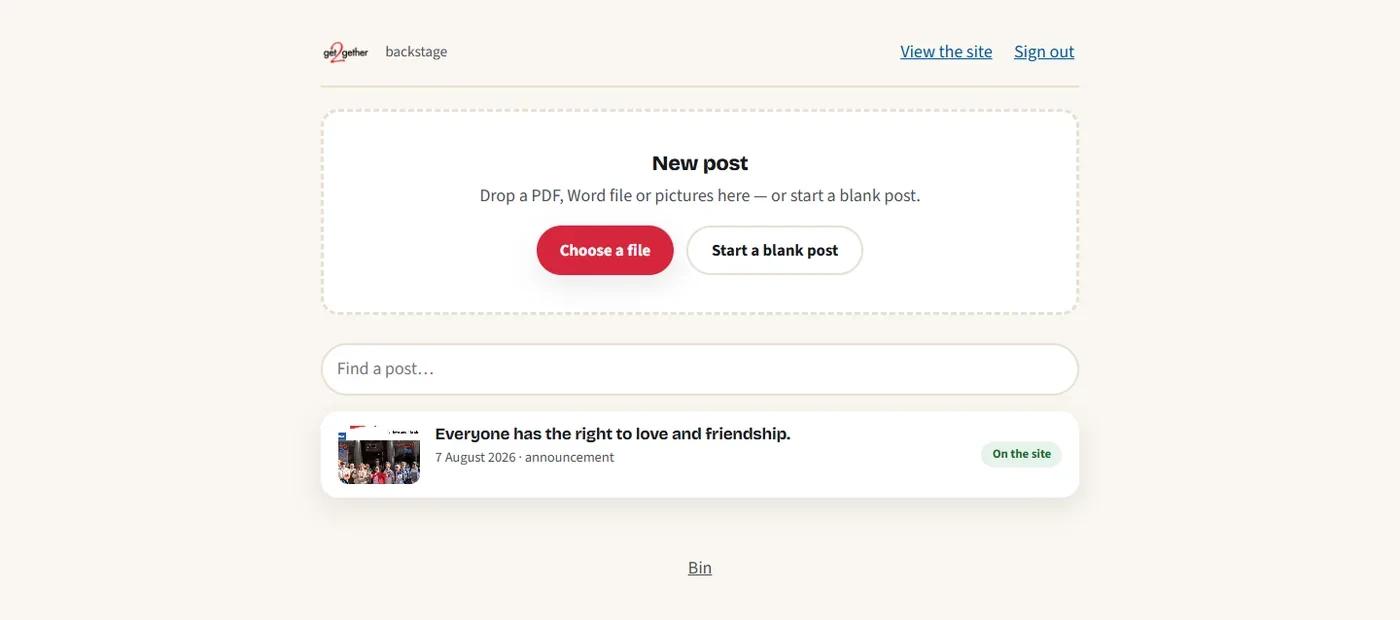 The Backstage desk: a large drop zone reading 'New post — drop a PDF, Word file or pictures here, or start a blank post', a search box, and a list of posts