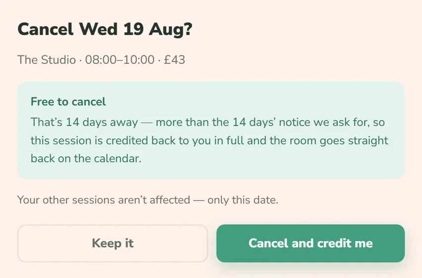 A dialog reading: Cancel Wed 19 Aug? Free to cancel — that's 14 days away, so this session is credited back to you in full and the room goes straight back on the calendar.